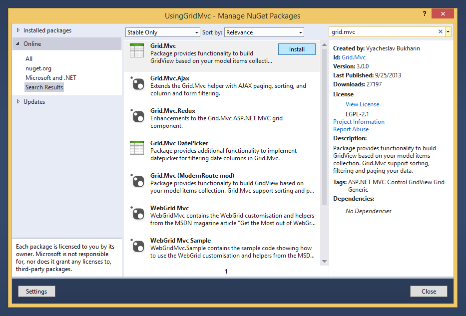 install grid mvc